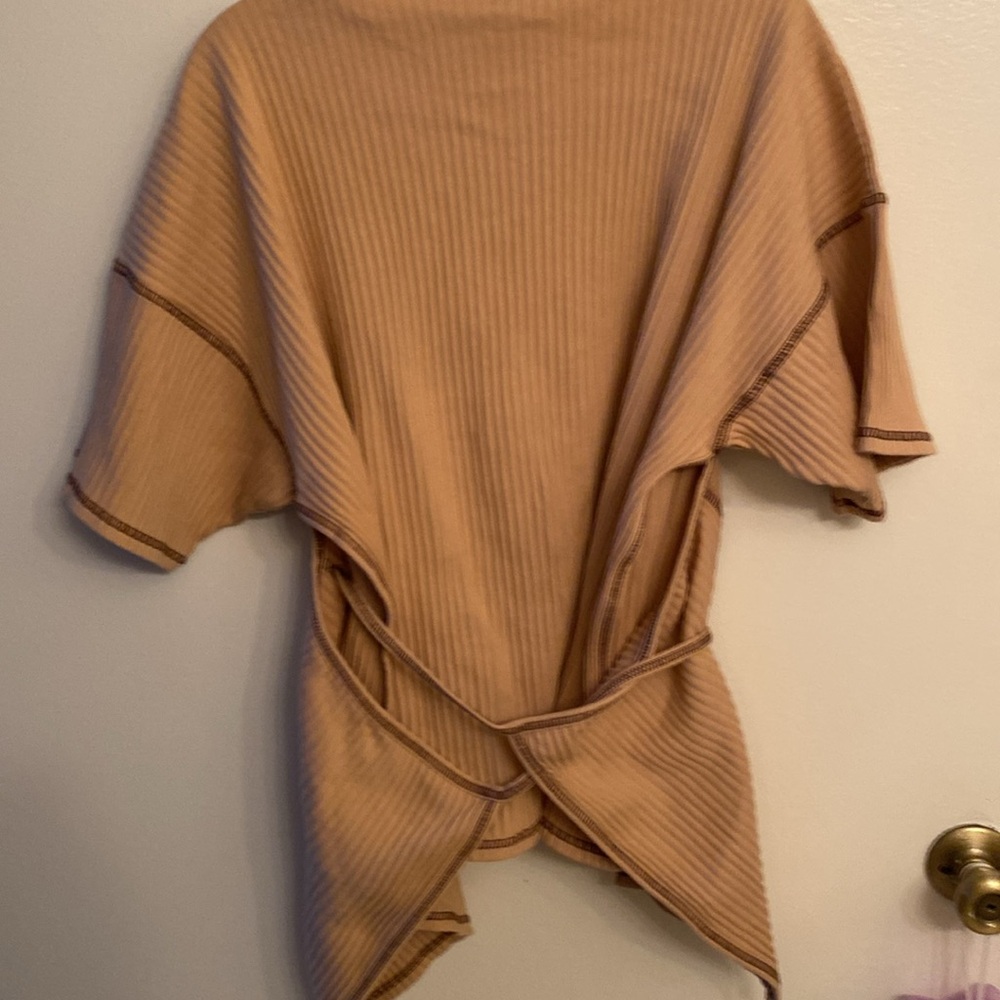 RSL Ribbed Short Sleeve Belted Top — Tan - Picture 6 of 8